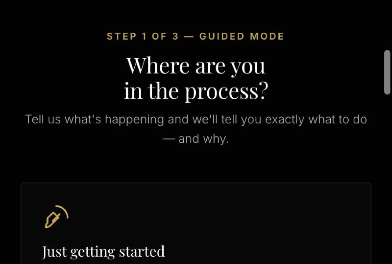 The guided mode first screen, asking where the member is in their dispute process so it can recommend the right letter.