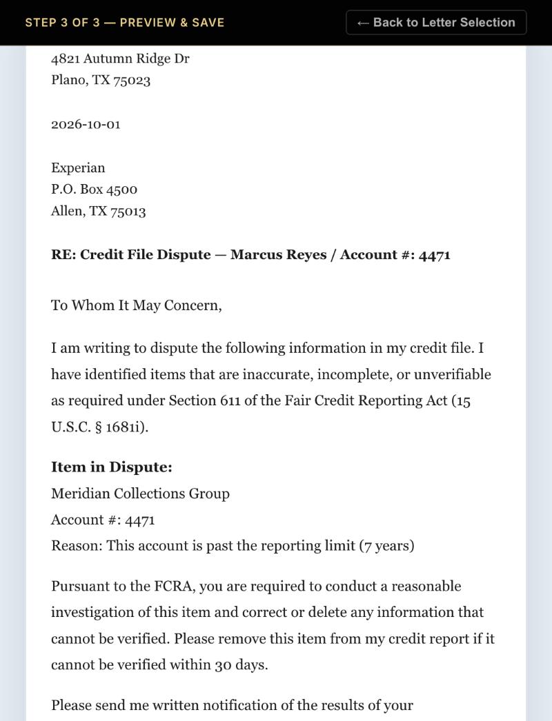 A generated Section 608 dispute letter, addressed to Experian, disputing a collection account past the 7-year reporting limit.