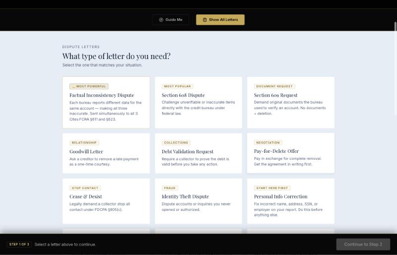 The full letter selector grid, showing the dispute and response letter library with short descriptions and badges like Most Popular and Start Here First.