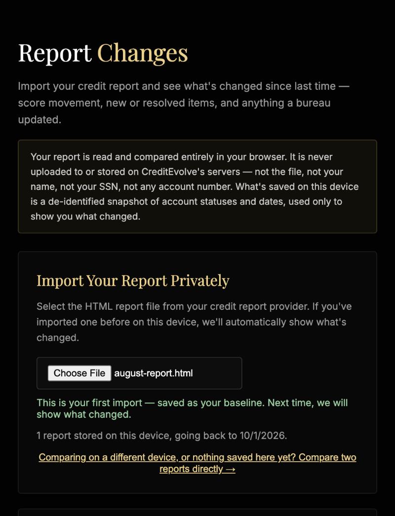 The report import screen, confirming a first report was saved privately on the member's own device.